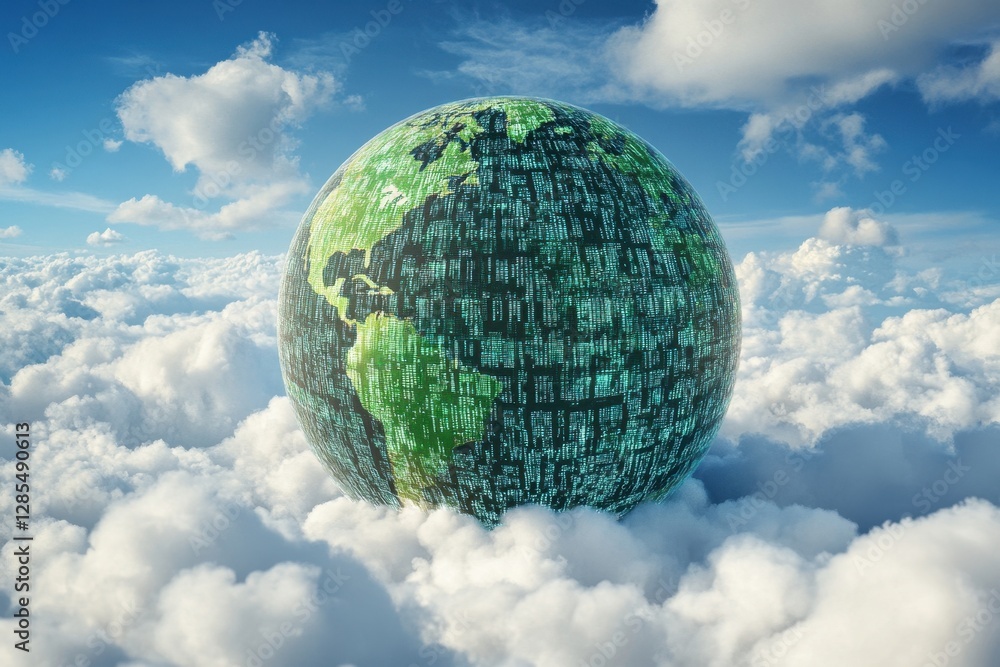 Poster data processing visualized over a globe amidst fluffy clouds and a serene blue sky, data processing 