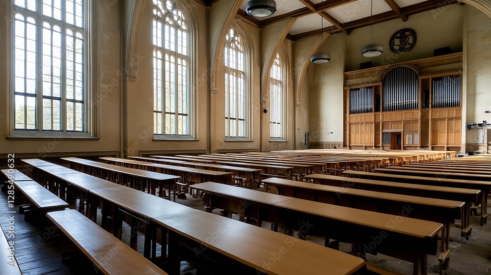 Poster stunning airy classroom with wooden desks and large windows illuminating the architecture and creati