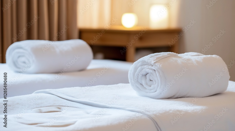 Poster Relaxing Spa Setup with Soft White Towels on Massage Tables for a Tranquil Experience : Generative AI