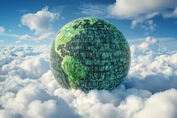 Data processing visualized over a globe amidst fluffy clouds and a serene blue sky, data processing over globe on cloud background