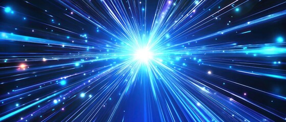 Naklejka premium Vibrant blue explosion of light and energy radiating outward, creating a dynamic visual effect against a dark background