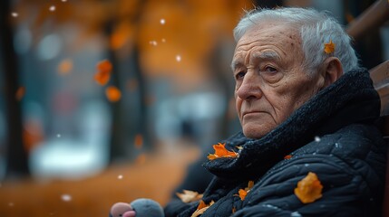 Obraz premium An elderly person sitting on a bench is looking sad and reflective, with a small character nearby. The scene conveys a sense of loneliness and contemplation.