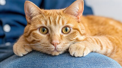 Adorable Orange Tabby Cat Relaxing on Denim Jeans at Home
