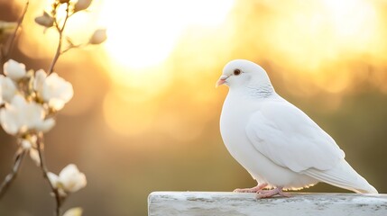 Obraz premium Elegant White Dove Perched on a Wooden Rail Against a Beautiful Golden Sunset Background : Generative AI