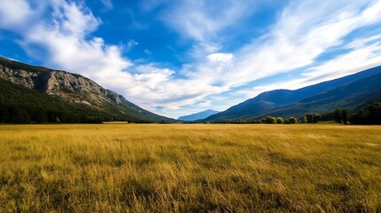 Obraz premium Vast open field with golden grass and rolling hills under blue skies : Generative AI