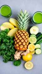 a collection of fruit and vegetables arranged