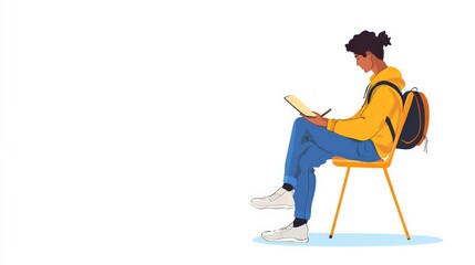 Fototapeta premium Young Person Sitting and Writing in Notebook with Backpack on Chair and White Background