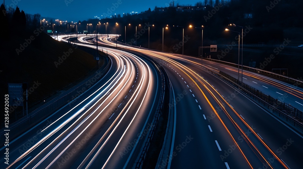 Poster Light Trails on a Busy Urban Highway at Night Creating Dynamic Traffic Flow : Generative AI