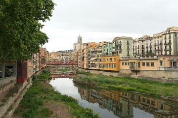 Girona Spain - 25 April 2024 - Colourful houses along the Onyar River in Girona