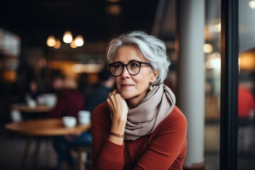 Portrait of senior woman with eyeglasses in a cafe.