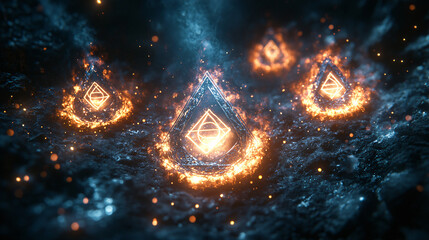 a dark background with fire and a triangle on it