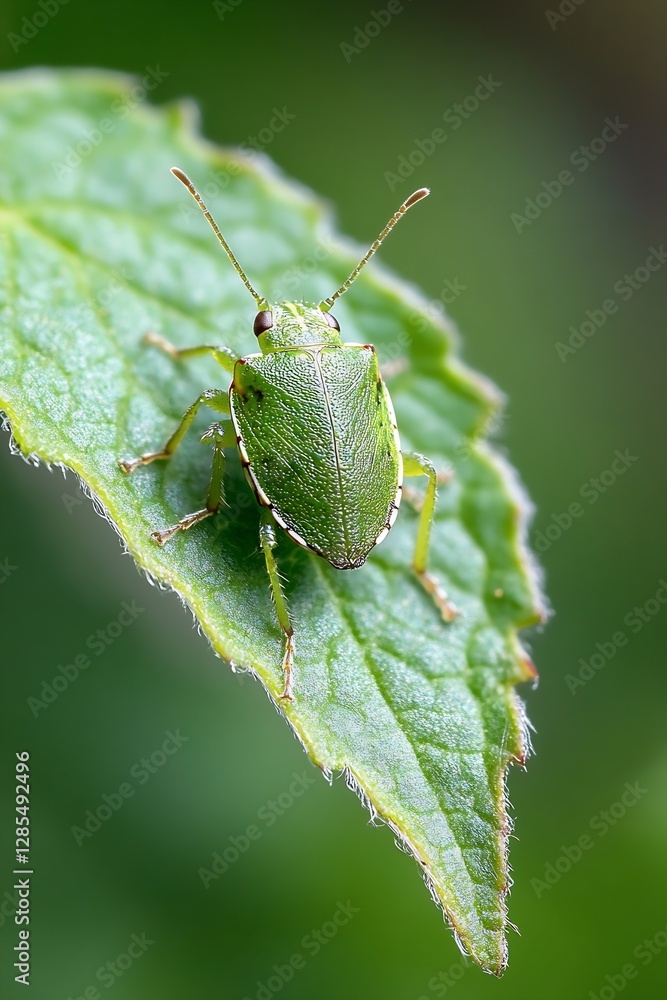 Poster macro photography of a green bug on fresh mint leaf : generative ai