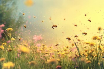 Swarm of bees pollinating colorful flowers in a vibrant meadow on a sunny day, Bee flying, swarm of bees arround flowers