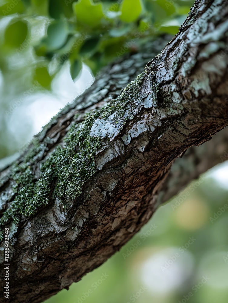Aufkleber Close-Up Detailed View of a Tree Bark with Green Moss and Soft Background Blurred Leaves : Generative AI