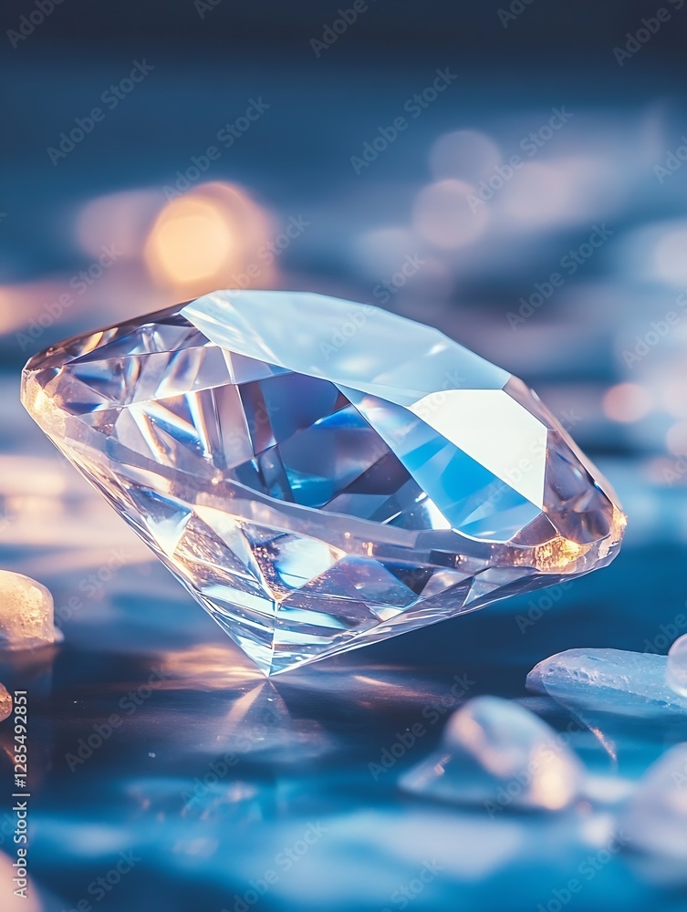 Poster sparkling diamond on a reflective surface surrounded by soft light creating a magical atmosphere : g