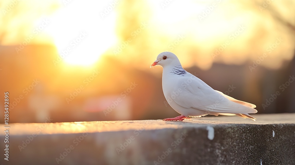 Poster white dove sitting on wall with backlighting at sunset creating peaceful atmosphere : generative ai