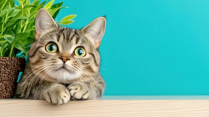 Naklejka premium Curious Cat with Bright Green Eyes Peeking Over a Wooden Surface