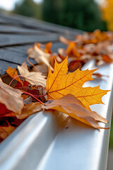 yellow autumn maple leaves on the roof of the house.roof gutter full of leaves, close up