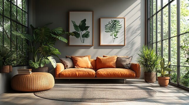 An elegant frame is displayed with decorative vases in a contemporary living space, creating a stylish and harmonious focal point.