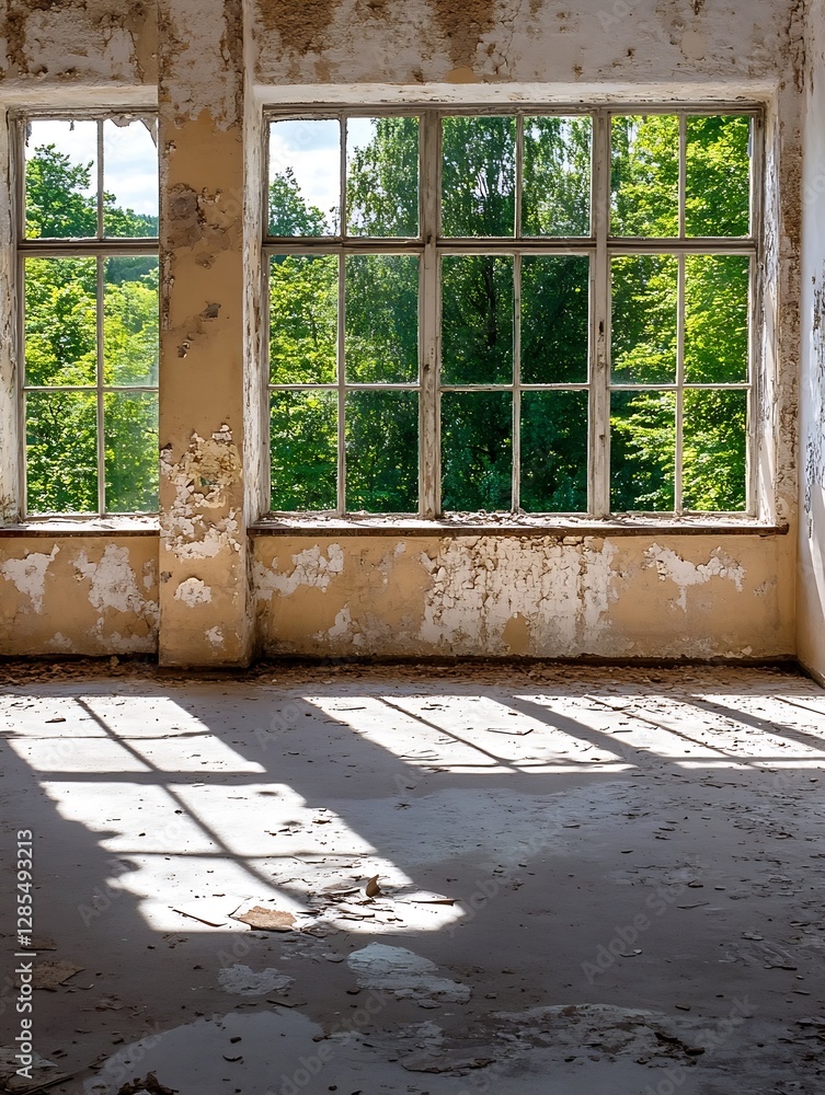 Poster Abandoned and Decaying Room Showcasing Vintage Windows and Rustic Architecture with Greenery Outside : Generative AI