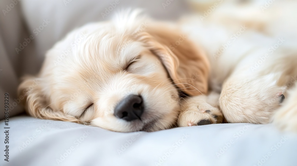 Poster adorable sleeping puppy with soft cream coat resting on a cozy bed : generative ai