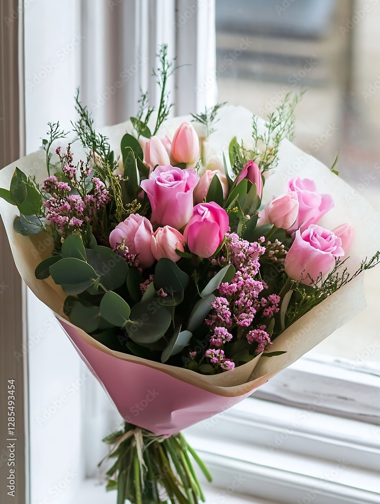 Aufkleber stunning bouquet of pink roses and greenery tied with paper resting by a window : generative ai