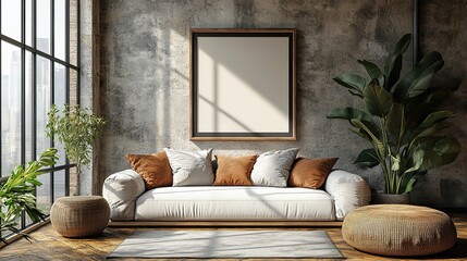 An elegant frame mockup is displayed in a contemporary living room setting, showcasing artwork or photographs in a realistic and appealing manner.