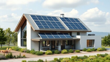Fototapeta premium Sustainable Dream Home: Modern House with Solar Panels & EV Charger