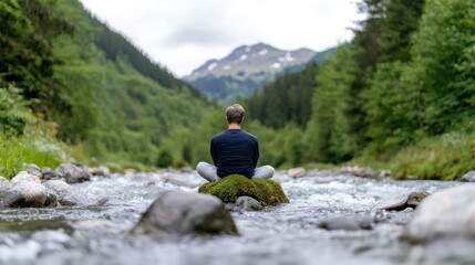 Man meditating by mountain stream