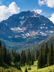 Fototapeta premium Majestic Mountain Landscape Surrounded by Lush Green Forest and Dramatic Clouds : Generative AI