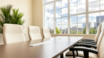 Fototapeta premium Conference rooms in convention centers Concept, Bright Conference Room with Large Windows and Modern Furniture for Productive Meetings and Collaborations