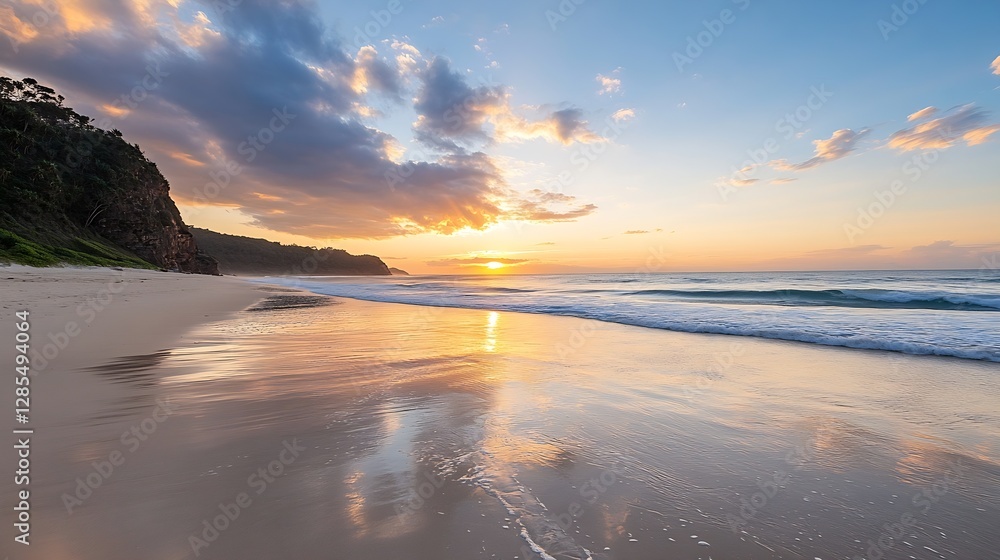 Poster breathtaking sunset over a beach with calm waves reflected on the wet sand : generative ai
