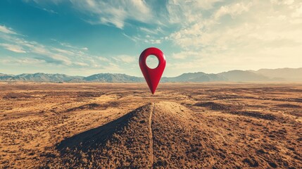 Vibrant Red Location Pin Over Scenic Desert Landscape at Sunset