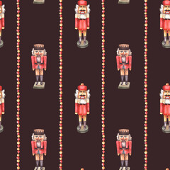 Nutcracker toy pattern with anise star and striped red gold balls garland. Christmas seamless traditional festive ornament. Watercolor painted retro soldier. Illustration on isolated dark background