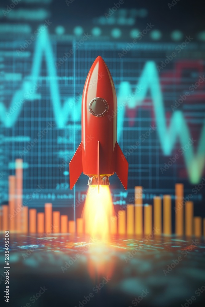 Poster red rocket launching with financial graphs in background