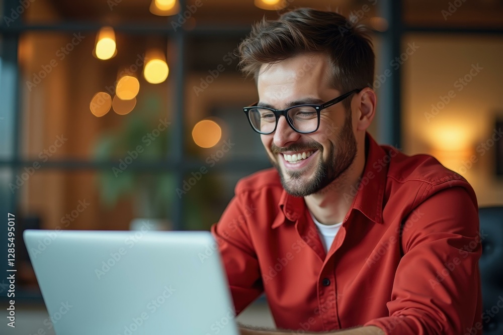Aufkleber man is smiling while using his laptop computer