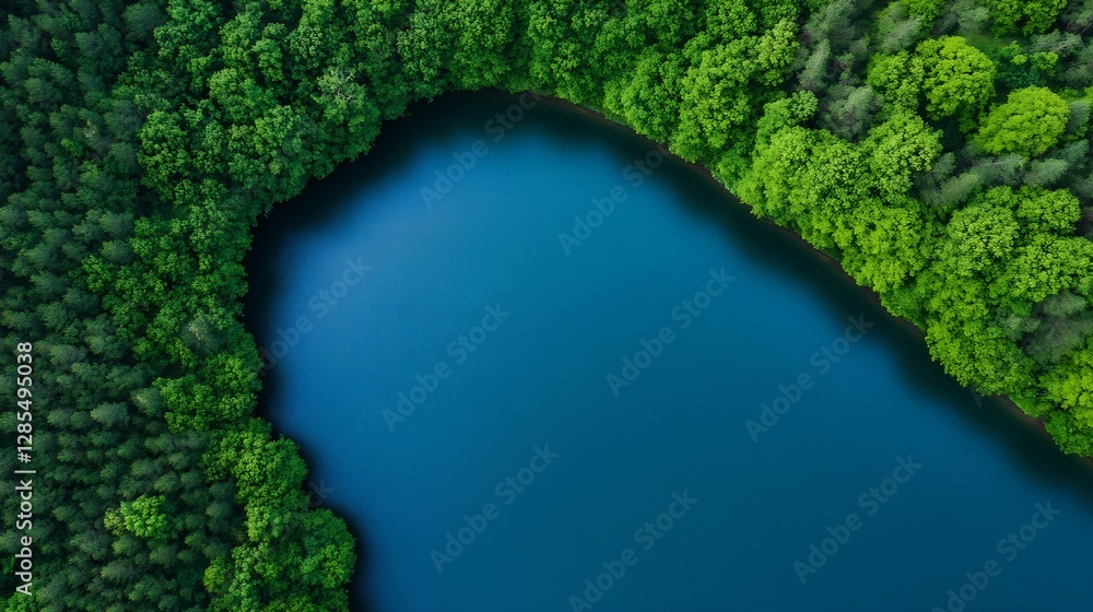 Poster aerial view of serene forested lake surrounded by lush green trees : generative ai