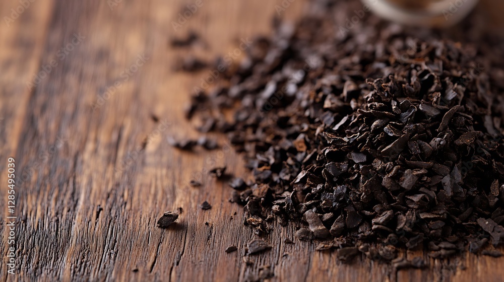 Poster Natural Cocoa Shells Piled on Rustic Wooden Surface for Culinary Use : Generative AI