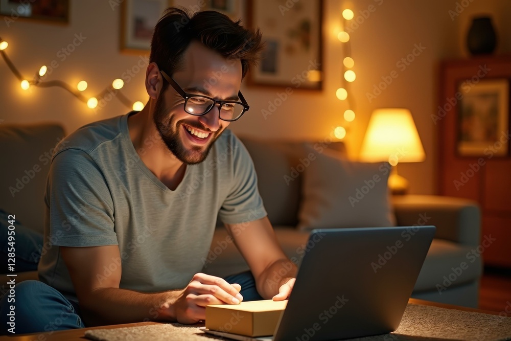 Aufkleber man is smiling while using his laptop on couch