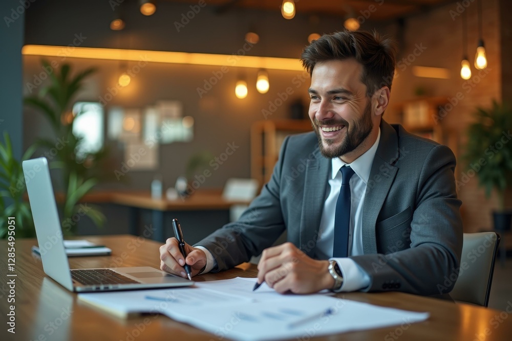 Poster man is smiling while working on his laptop at table