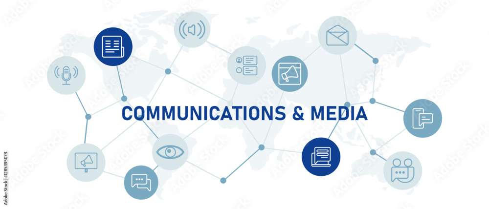Poster communication and media icon set with illustration social online interaction message chat applicatio