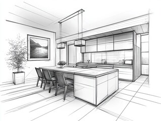 Modern kitchen sketch with elegant design.