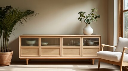 Modern interior with wooden furniture and plants.