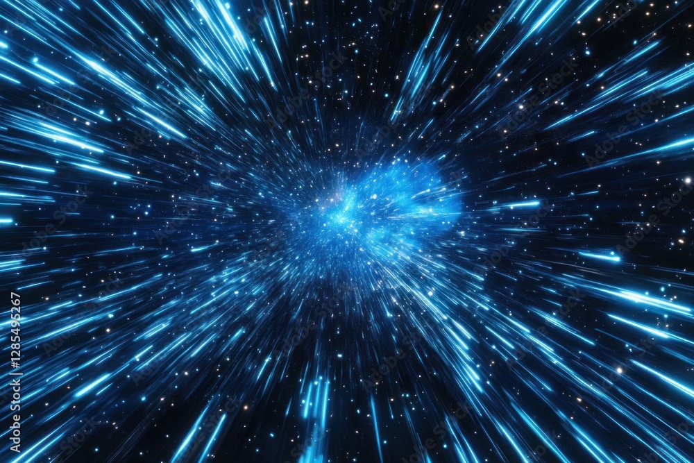 Poster a dynamic burst of blue light streaks through a dark cosmic space, creating a sense of motion and de