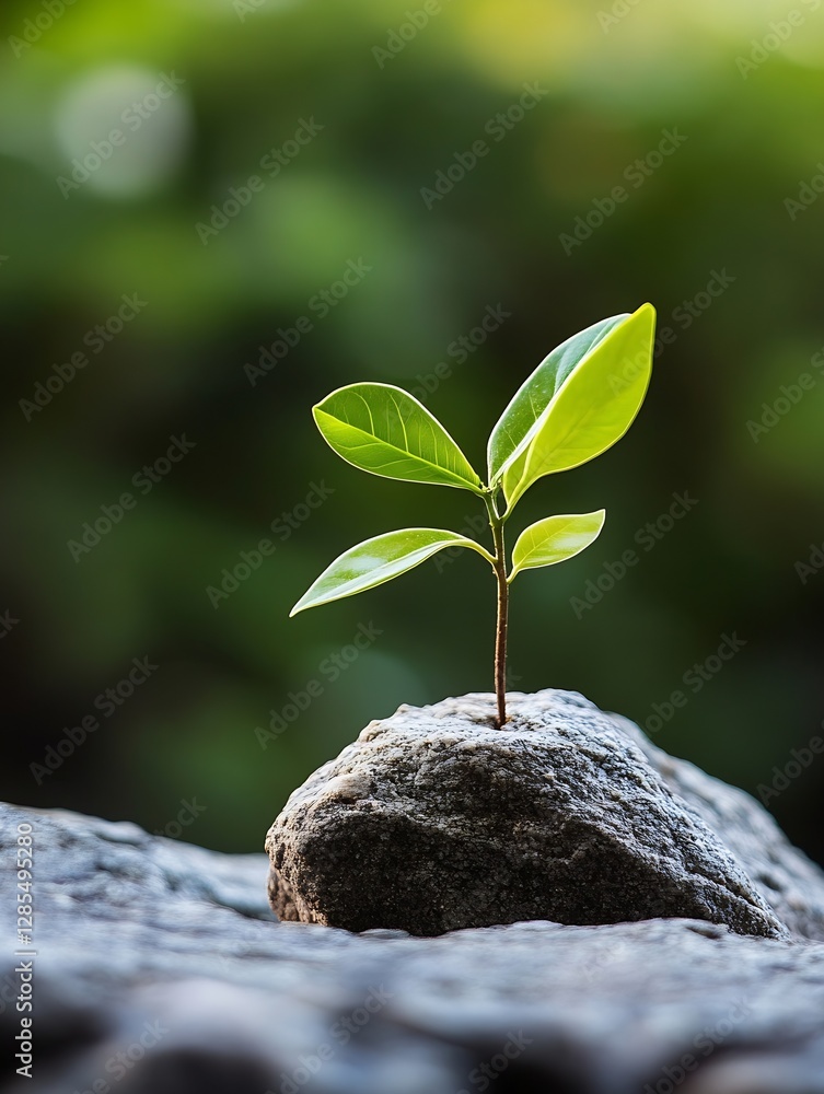 Poster vibrant green sapling growing on a rock symbolizing hope and new beginnings in nature : generative a