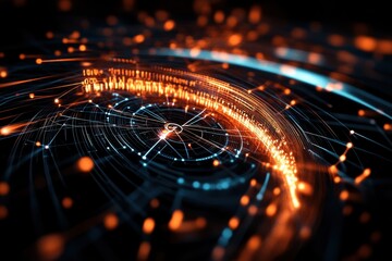 Speedometer on a networked connection design showcasing dynamic data flow and visualization, speedometer over network of connections on black background