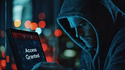 Dark Cybersecurity Scene with Hacker and Access Granted Screen