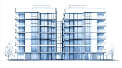 A meticulously drawn front elevation blueprint of a modern 20-story apartment building, capturing its tall and narrow profile