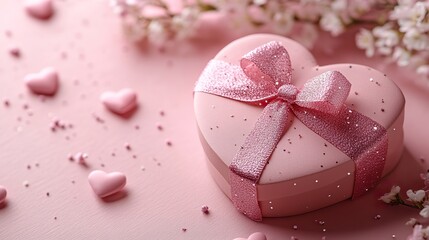 An empty heart shaped gift box on a pastel pink canvas with hearts creates a Valentine's Day backdrop.