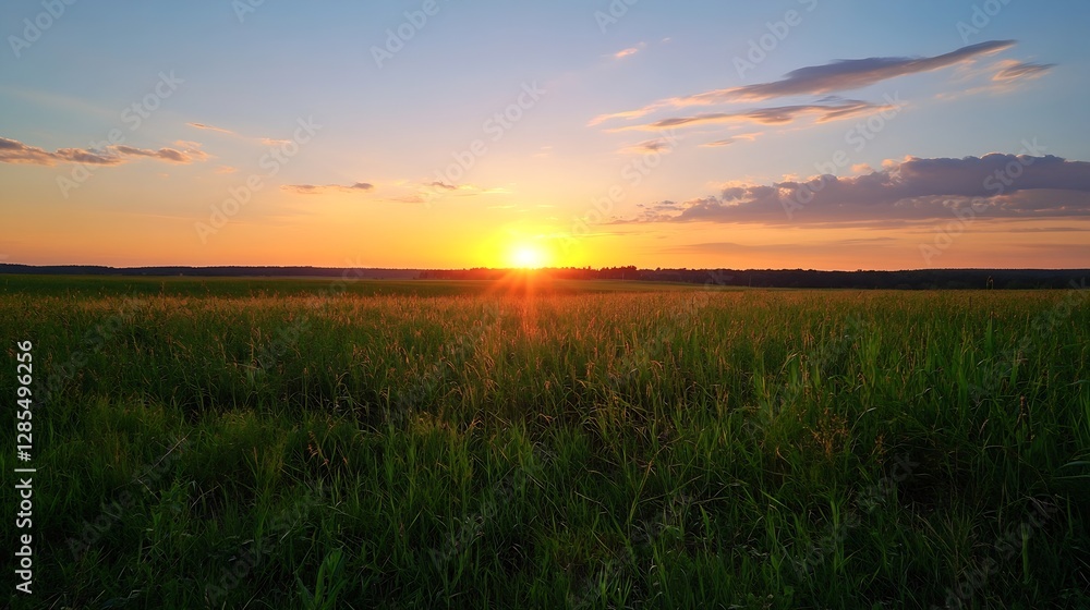 Aufkleber sunset over expansive field casting warm colors across the horizon : generative ai